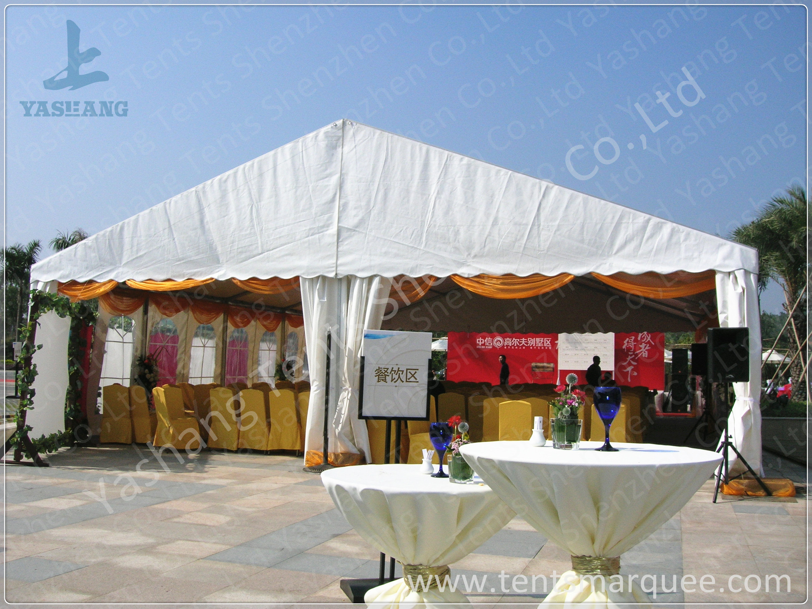 White Roof Cover outside event tents for Golf Villas Sales Conference with orange ripples